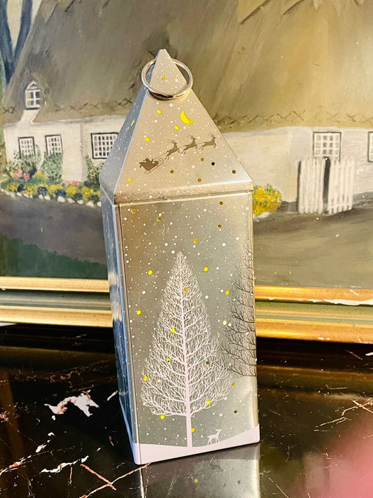 Christmas Decorative silver Lantern Tin Box – Santa Sleigh & Winter Tree Design (22cm)