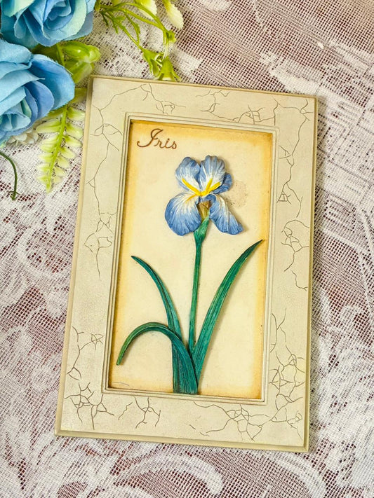 Vintage Iris Flower Wall Art – 3D Botanical Crackle Frame Decor