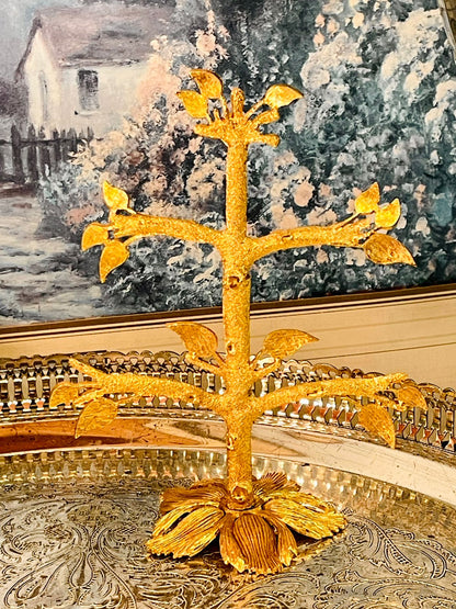 Vintage Gold Tone Jewelry Tree Stand with Leaf Detail