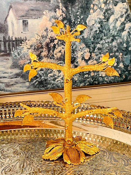 Vintage Gold Tone Jewelry Tree Stand with Leaf Detail