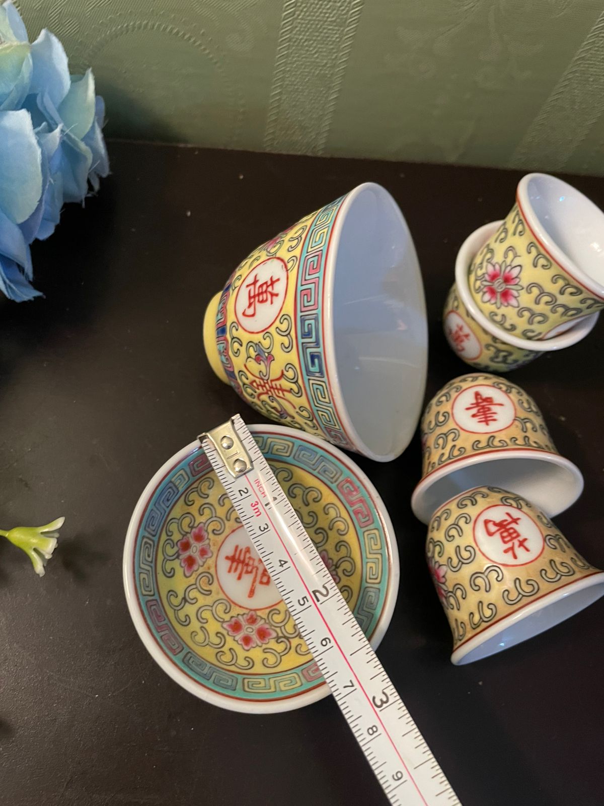 Vintage Chinese Porcelain Soju Cup Set with Saucer
