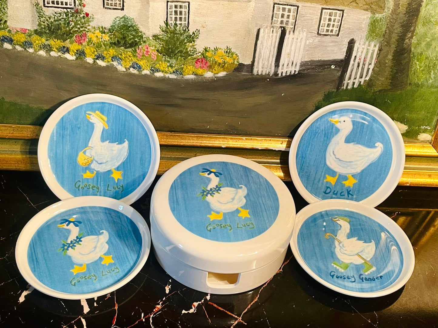 Wilscombe Somerset England “Goosey Lucy” Vintage Coasters Set with Holder
