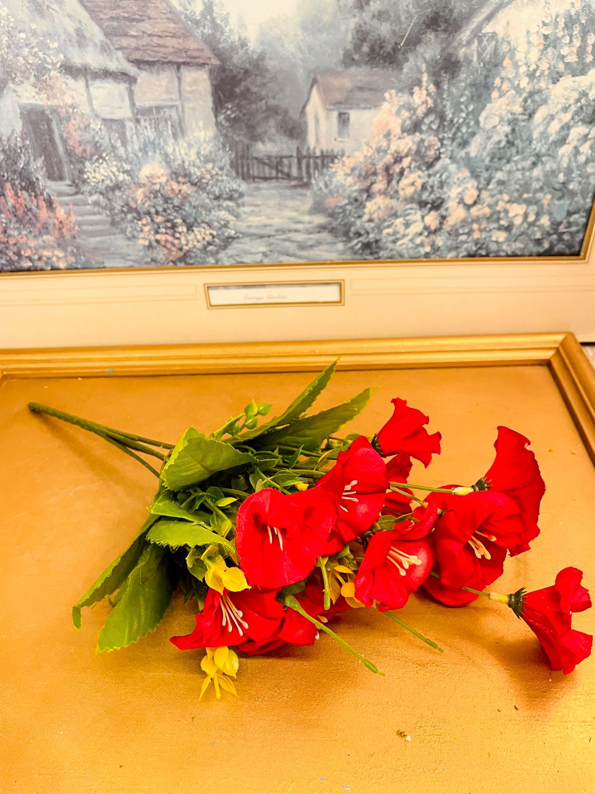 Vintage Red Faux Lily Floral Bouquet 13"