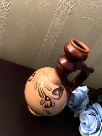 Vintage Ceramic Oil Bottle with Hand-Painted Floral Design 6 Inch