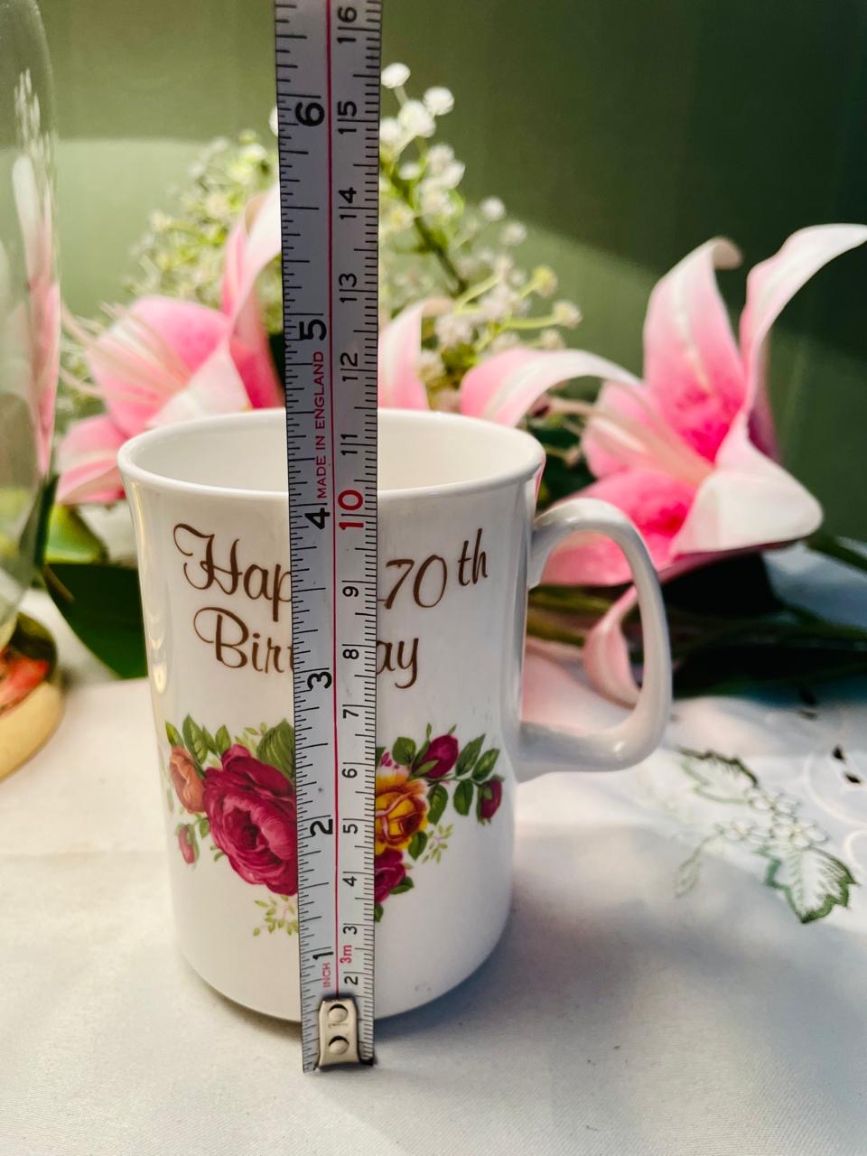 Ashley Staffordshire Happy 70th Birthday Floral Mug Pink Roses Fine Bone China 9 cm