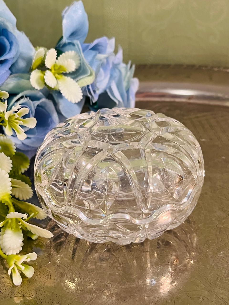 Vintage Pressed Crystal Lidded Bowl 10 cm Geometric Design