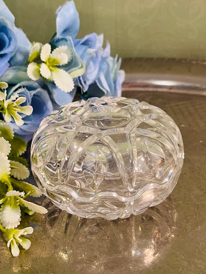 Vintage Pressed Crystal Lidded Bowl 10 cm Geometric Design
