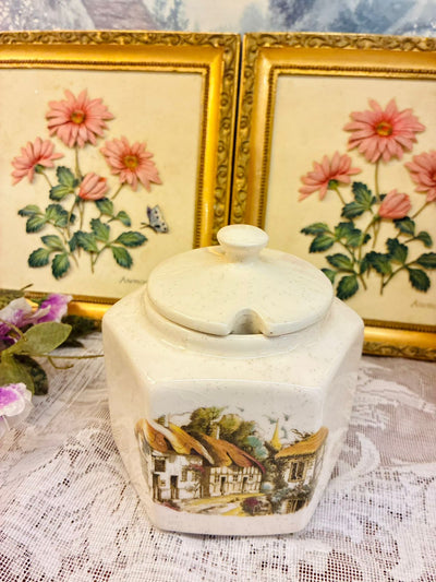 Vintage Ceramic Storage Jar Cottage Scene Lid