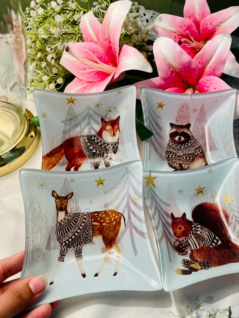 Prima Woodland Animal Crystal Plates Set of 4 5.5 in