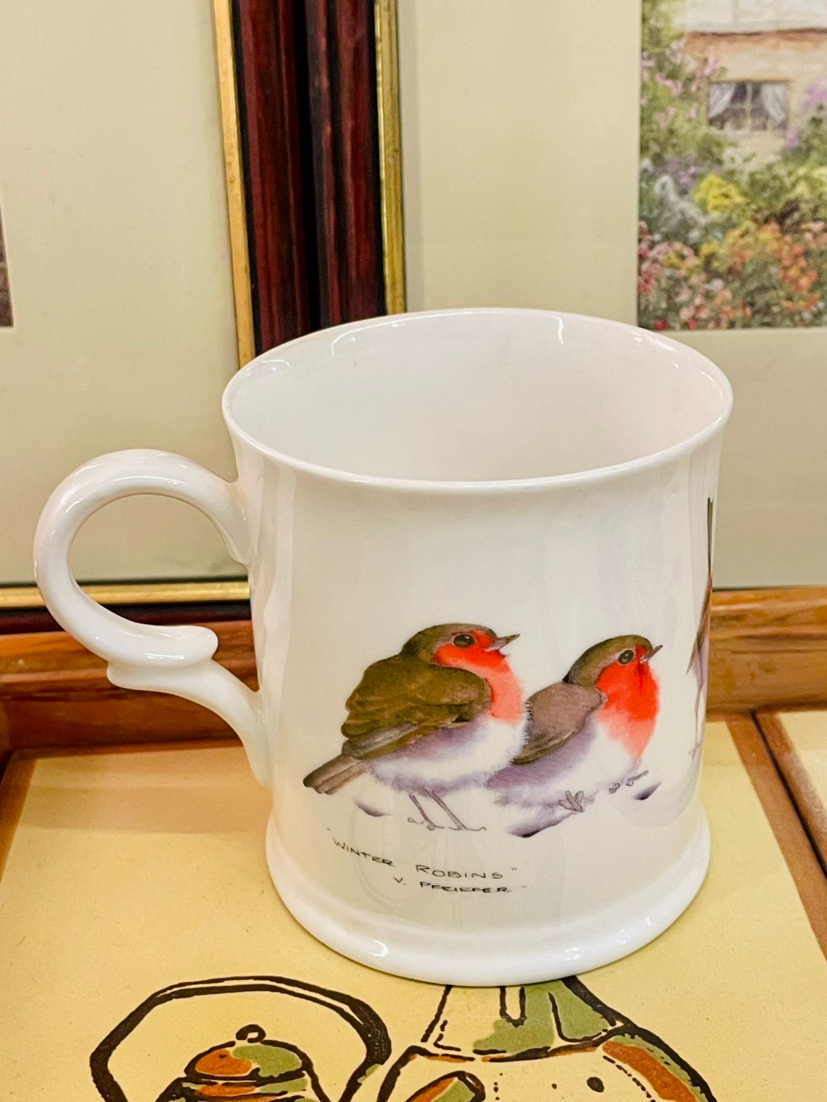 winter robins mug, bird mug, fine bone china mug, V Pfeiffer mug, English bone china, Melamaster mug, wildlife mug, holiday mug, robin mug, collectible mug, made in England