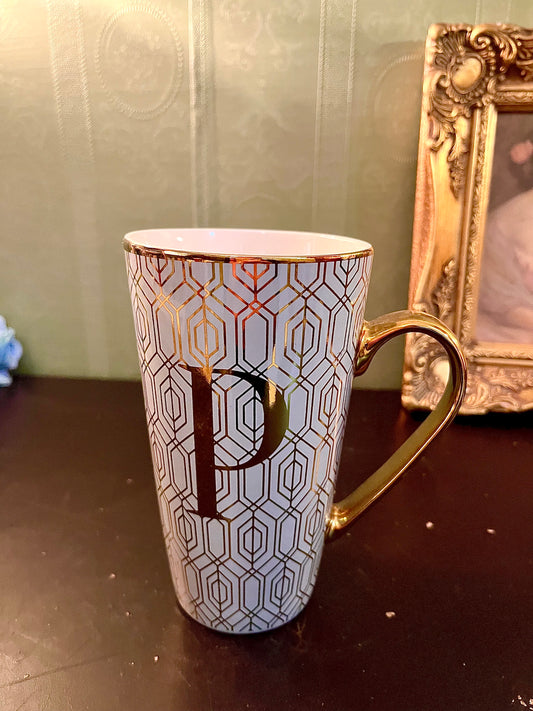 Personalized Letter P Gold Geometric Mug | Monogram Ceramic Coffee Mug