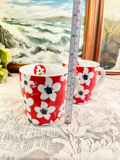 Pair of Wilko Red Floral Ceramic Mugs