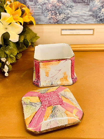 Vintage Hand Painted Ceramic Trinket Box Square Lidded Keepsake Box