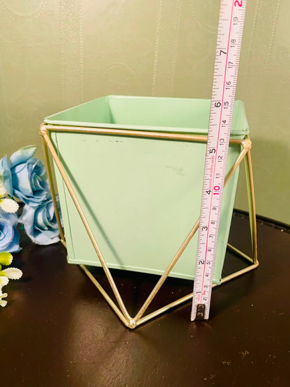 Modern Mint Green Metal Planter with Gold Stand – 7 Inch