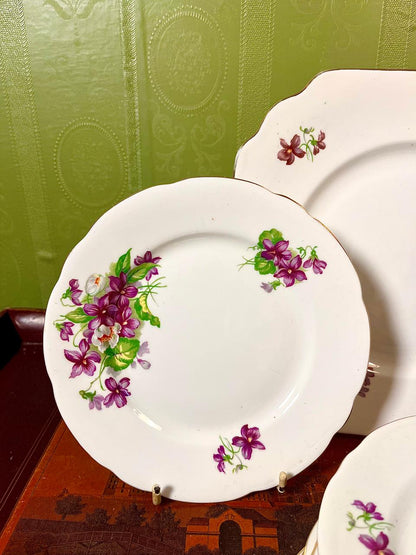 Fine Bone China Violet Floral Cake Set (Plater + Plates) | Made in England