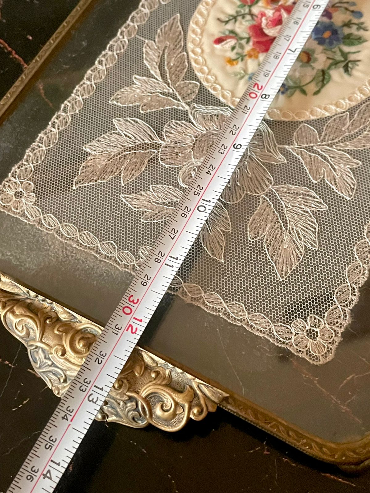 Vintage Glass Tray with Embroidered Lace & Floral Center – Brass Handles