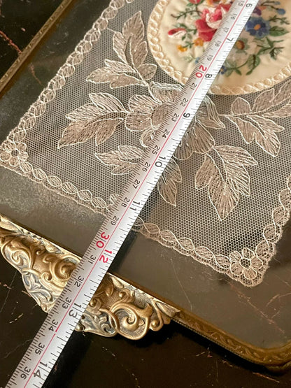 Vintage Glass Tray with Embroidered Lace & Floral Center – Brass Handles