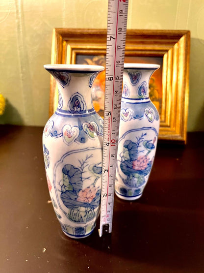 Pair of Vintage Hand-Painted Porcelain Bud Vases – Oriental Lotus Design – 7 Inch
