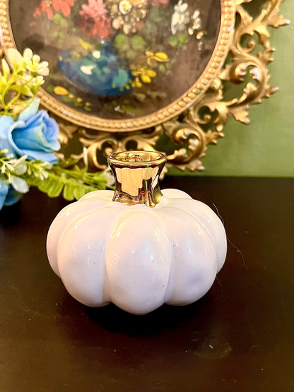 White Pumpkin Ceramic Bud Vase with Gold Neck Small Decorative Vase 3 Inch