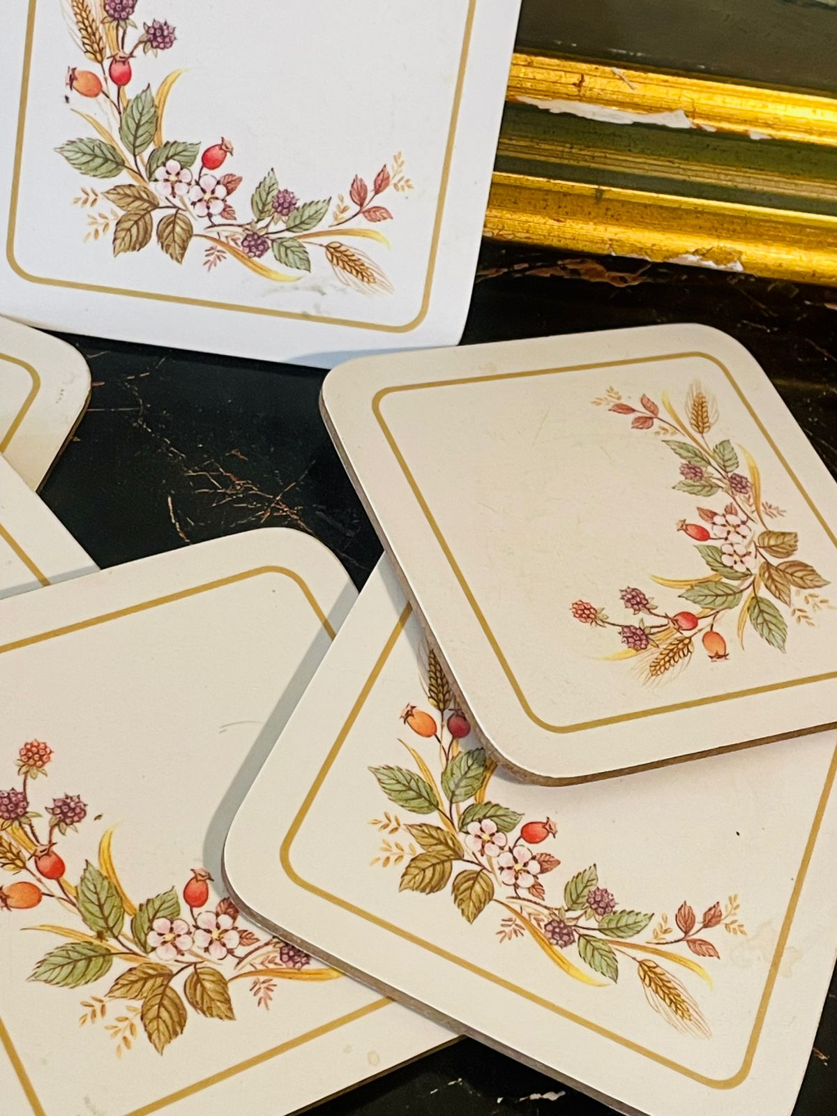 Vintage Floral Coaster Set – Wild Berries & Wheat Design (Set of 6)