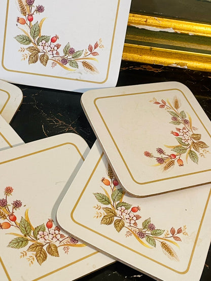 Vintage Floral Coaster Set – Wild Berries & Wheat Design (Set of 6)