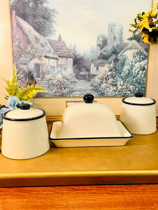 Vintage Enamel Kitchen Canister Set with Butter Dish | Cream & Black