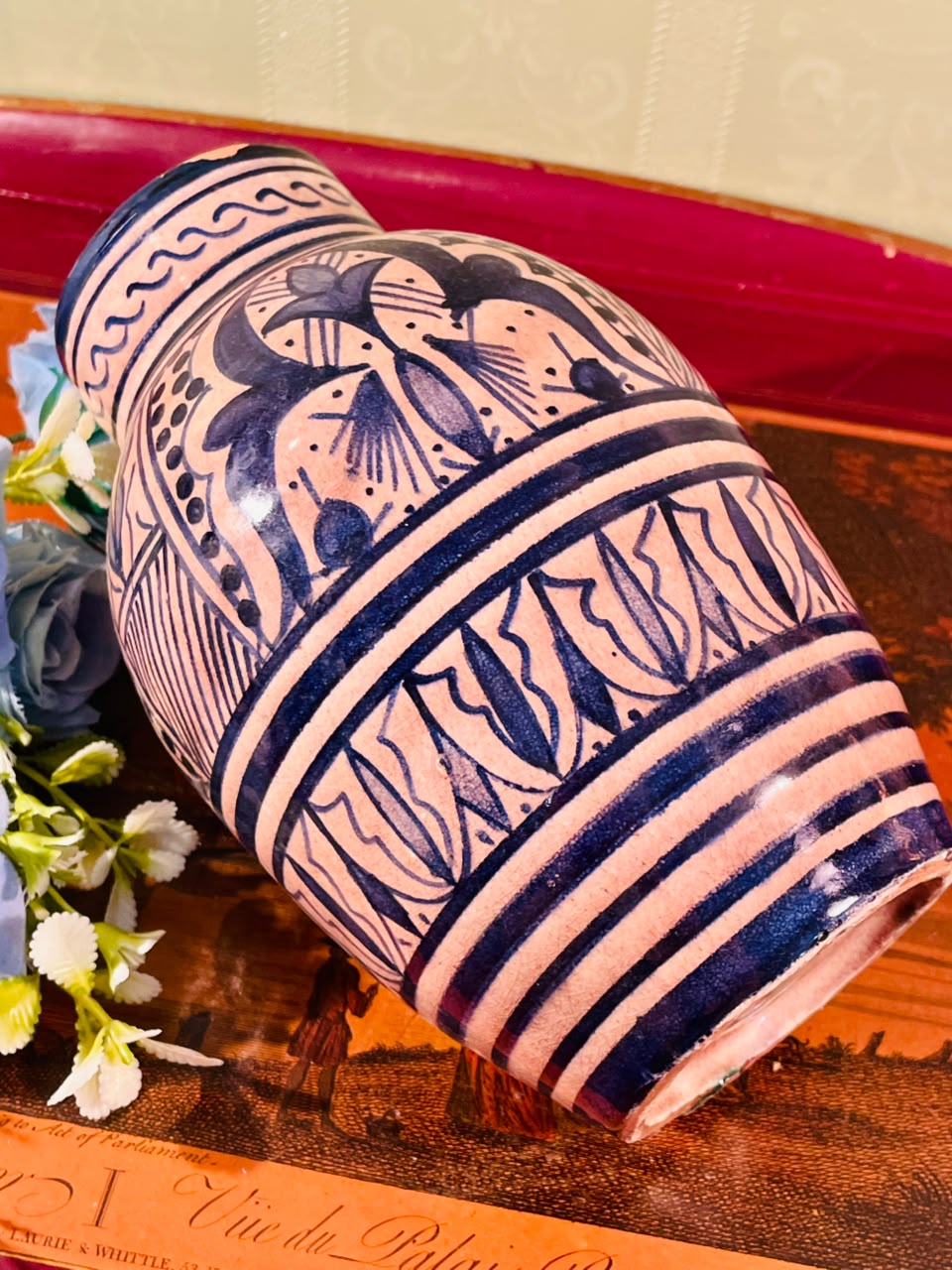 Blue Patterned Pottery Vase – 8 Inch