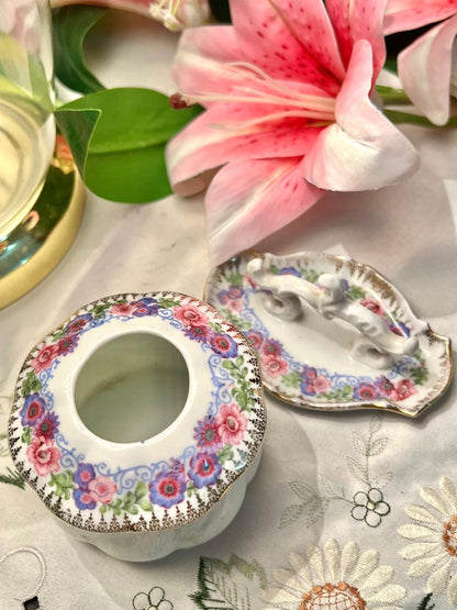 Floral Gold Trim Vanity Trinket Set 2 Pieces