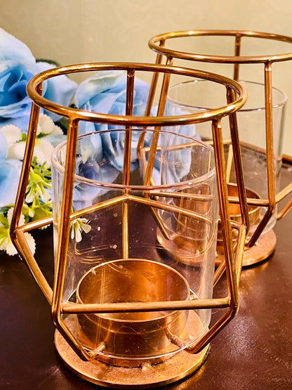 Gold Metal & Glass Tealight Candle Holder Set (2 Piece)