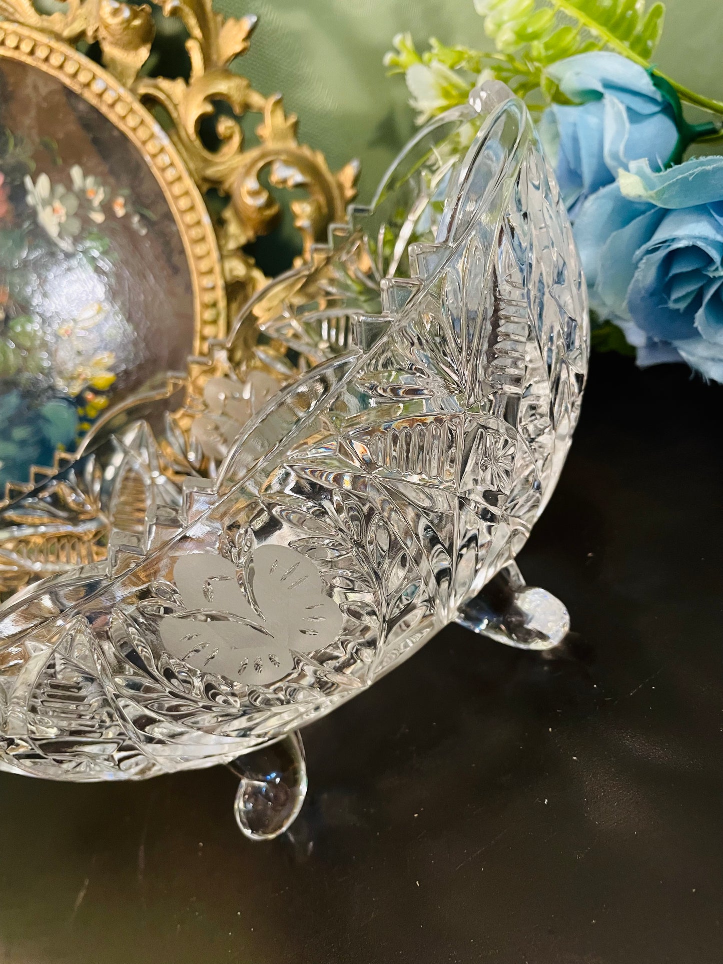 Vintage Crystal Cut Oval Footed Bowl