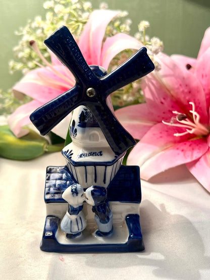 Vintage Delft-Style Blue & White Windmill Figurine with Dutch Couple Approx. 13 cm