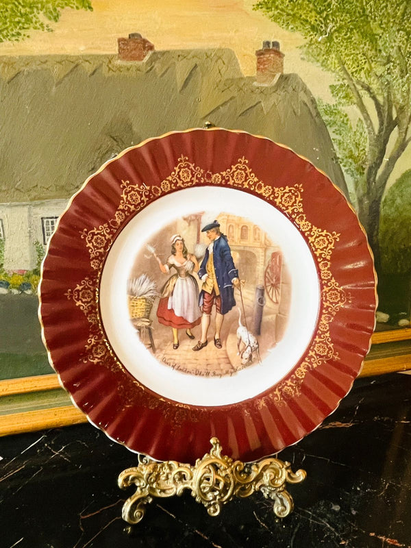 vintage english plate, burgundy gold plate, market lass wall decor, english collectible plate, heritage porcelain decor, european thrift find, victorian vintage style, old england decor, cottagecore wall plate, sunset kitchen vintage