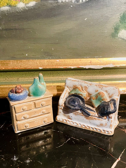 miniatureceramics, vintagefurnituredecor, dollhouseminiatures, ceramicsofa, ceramicdresser, handpaintedpottery, cottagecoredecor, miniaturecollection, vintagehomepakistan, sunsetkitchen, sunsetshop