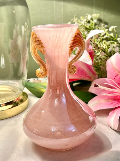 Pink Crystal Vase with Amber Handles – Approx. 6 Inch