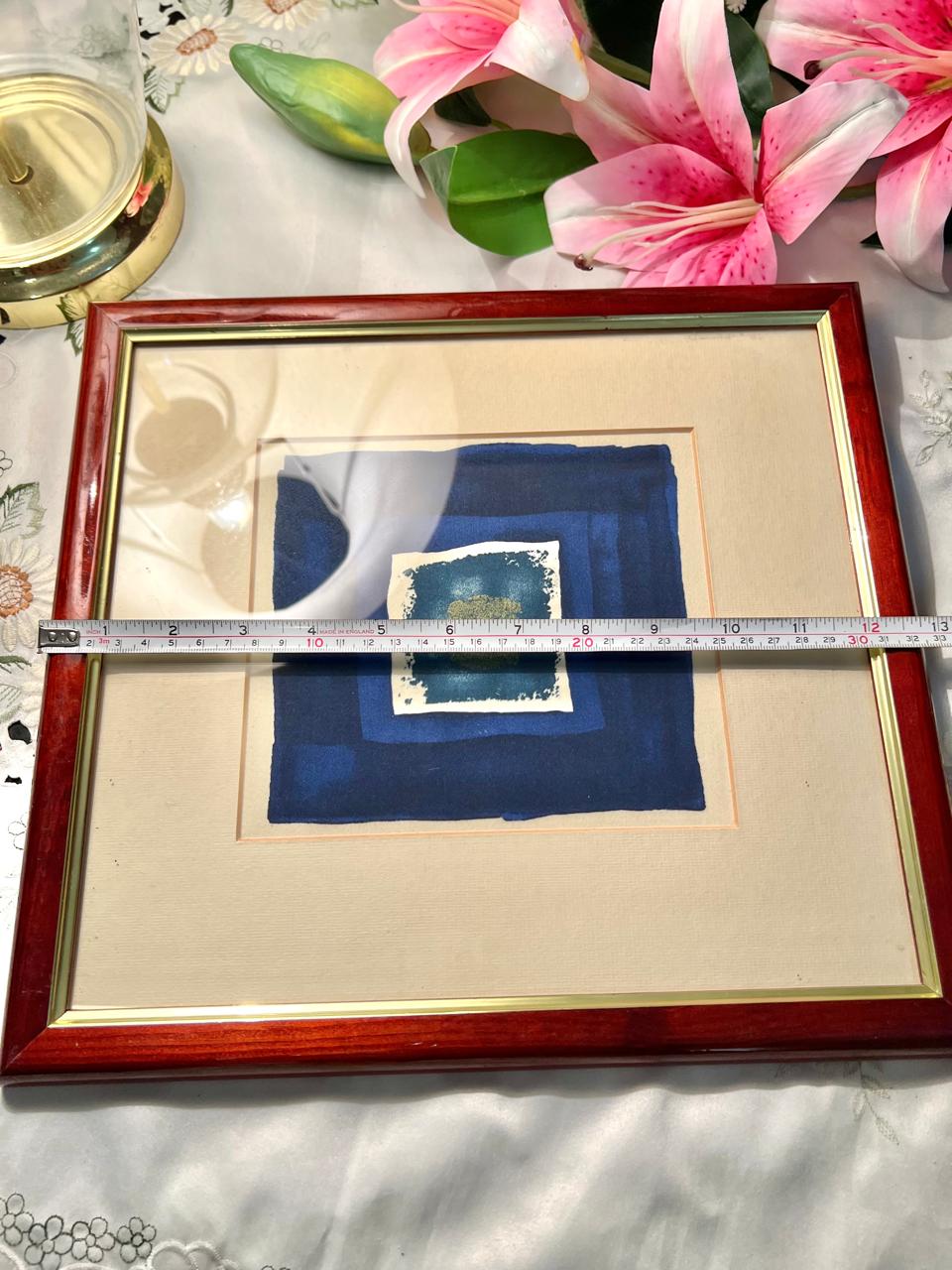 Blue Abstract Framed Art in Wood-Tone Frame 12"
