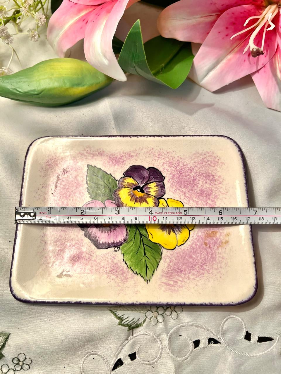 Hand Painted Calico Floral Rectangular Ceramic Tray – 7 Inch