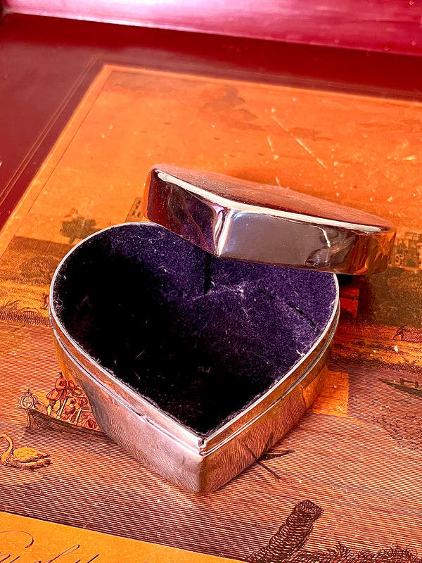 Silver Heart Shaped Trinket Jewellery Box Black Velvet Lined 10cm