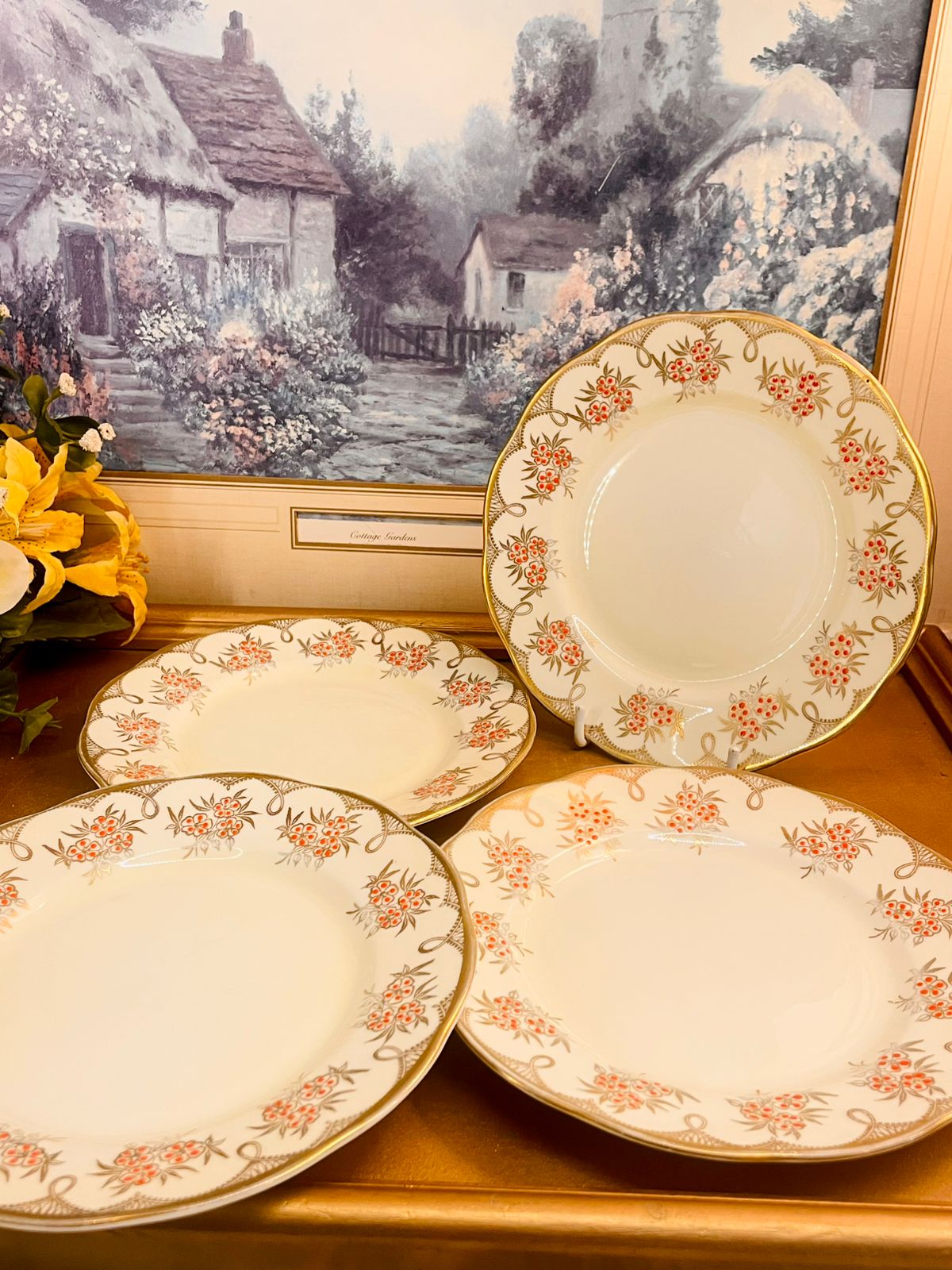 Vintage Floral Plate Set with Gold Rim Set of 4 - Plates