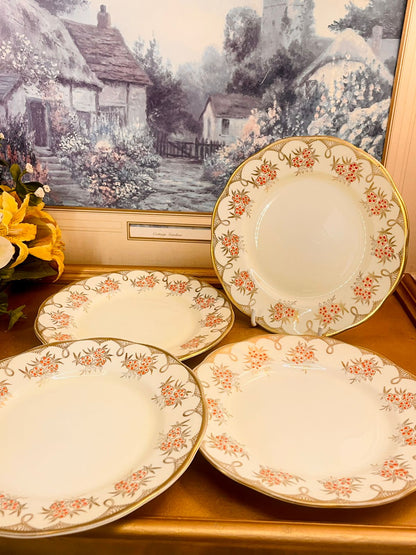 Vintage Floral Plate Set with Gold Rim Set of 4 - Plates
