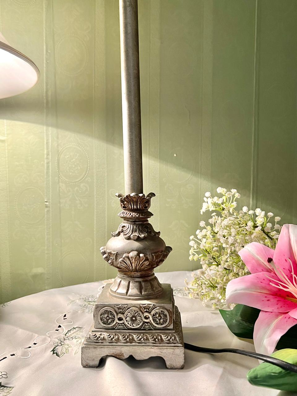 Vintage Ornate Silver Table Lamp with Pink Fabric Shade 76 cm