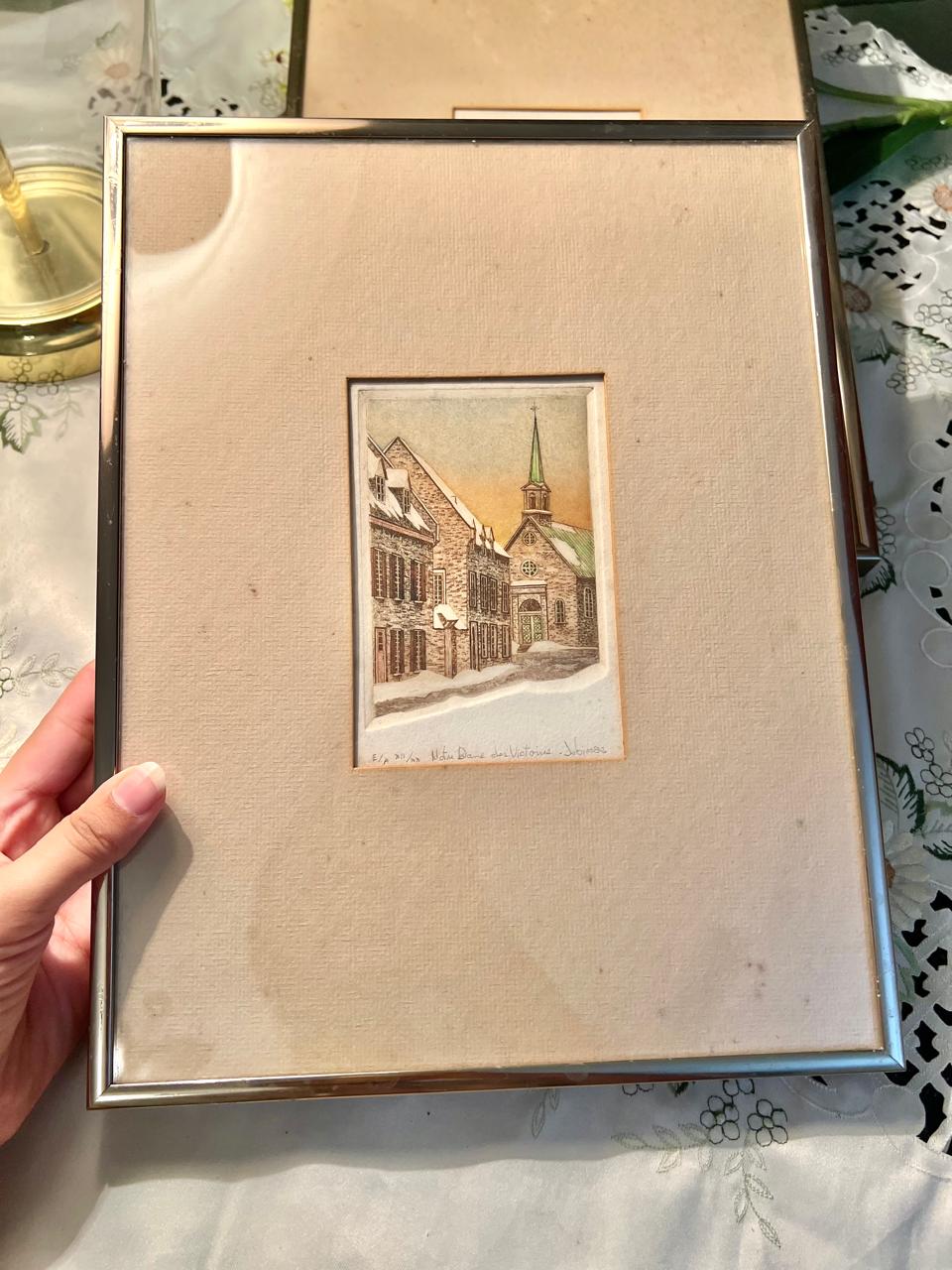 Vintage European Street & Church Framed Artwork painting – 2 Pcs, 13 Inches