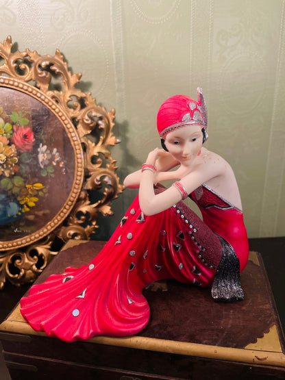 Art Deco Lady Figurine in Crimson Evening Gown Ornament