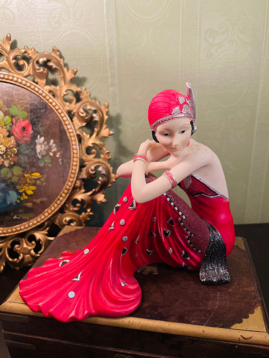 Art Deco Lady Figurine in Crimson Evening Gown Ornament