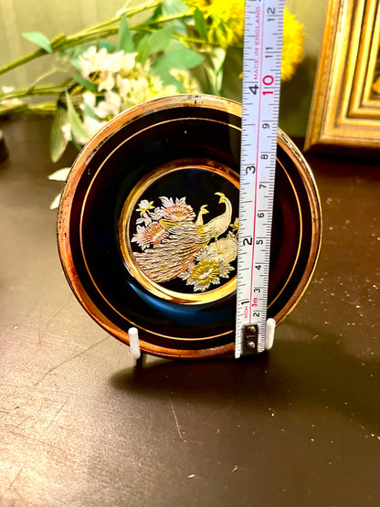 Vintage Japanese Chokin Peacock Plate 10 cm Gold & Silver
