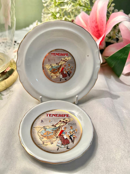 Tenerife Souvenir Wall Plates Set of 2 Gold Trim 9–11 cm