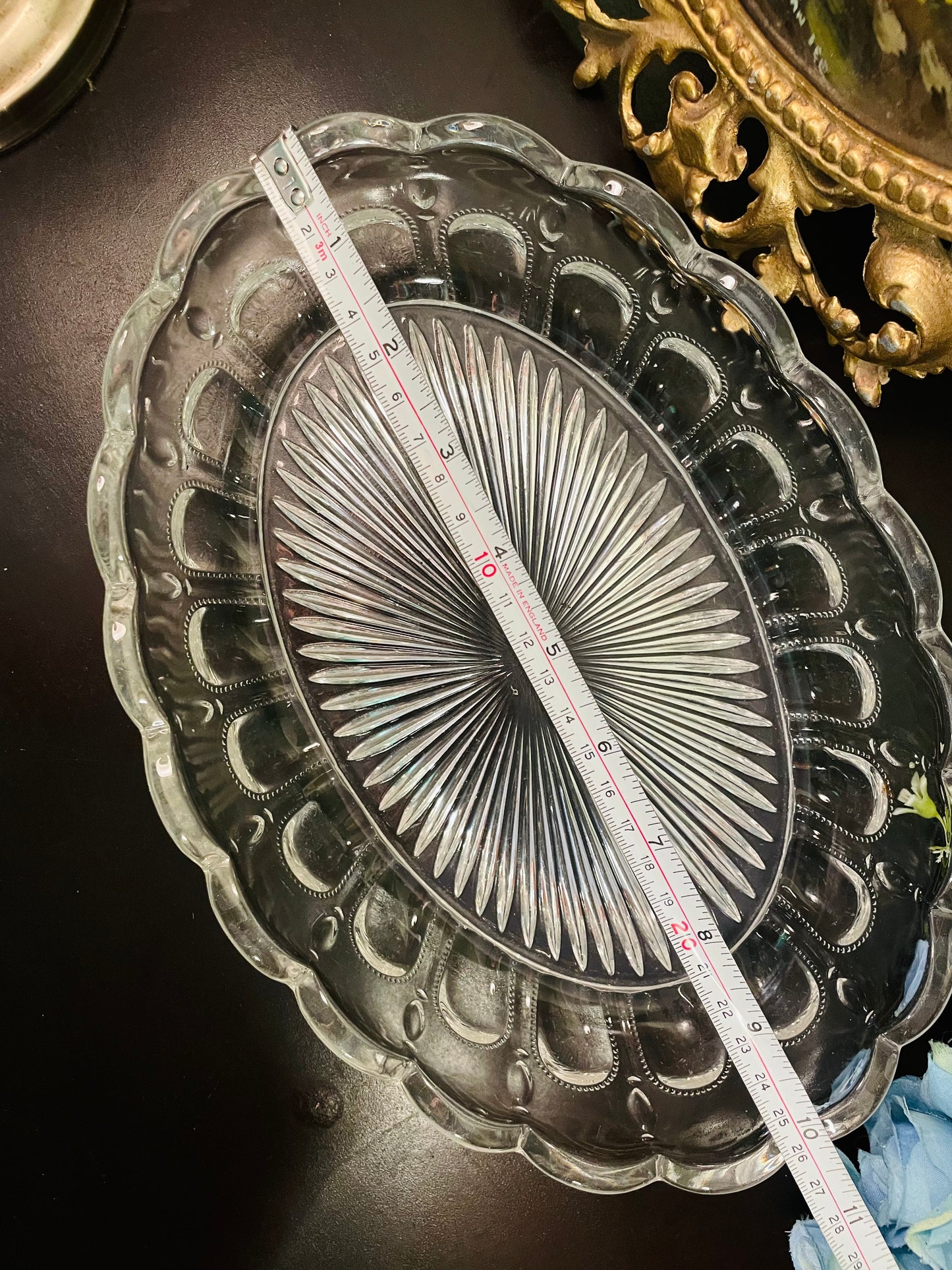Vintage Crystal Glass Oval Serving Bowl 10 Inch Scalloped Dish