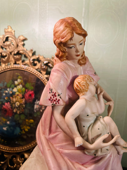 Vintage Mother and Child Porcelain Figurine in Pink Dress