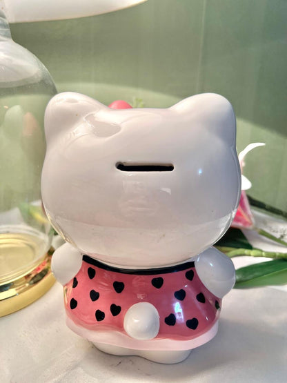White Pink Cat Coin Bank Rhinestone Bow  18cm - 1 Piece