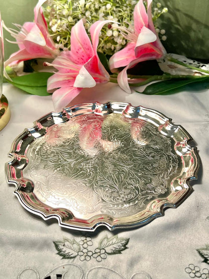 Queen Anne Silver Engraved Serving Tray Approx. 24 cm