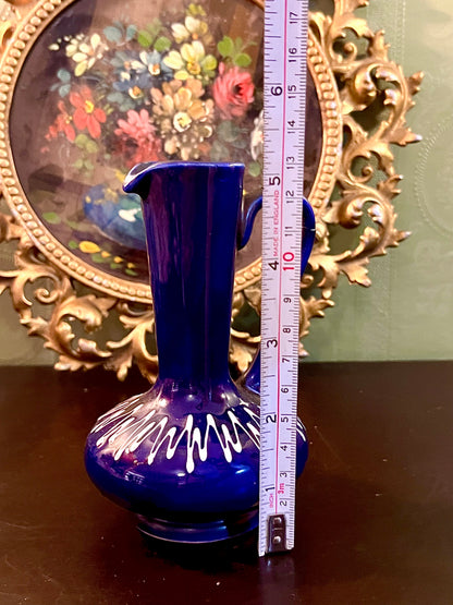 Vintage Cobalt Blue Ceramic Ewer Vase with Handle White Accent 6 Inch